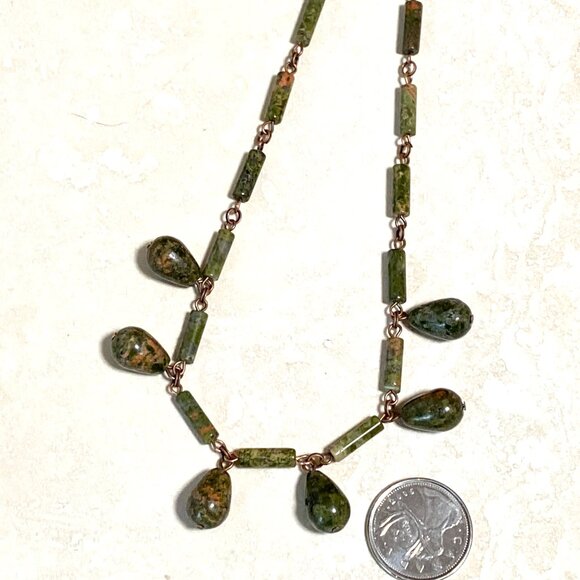 Rustic Natural Green Waterdrop Unakite Necklace, Genuine Gemstone + Copper Chain - Picture 9 of 12